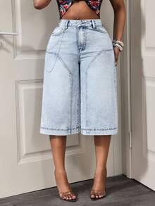 Slaydiva Quần jeans nữ cạp cao, có túi, ống rộng, dáng suông, dài đến mắt cá chân (7/8) - Rửa nhẹ - Xem 5