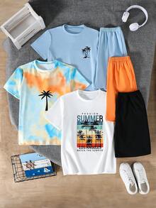 Fantacosmos 6件套男童春夏沙滩日落棕榈树洛杉矶度假图案短袖T恤和短裤套装，3套搭配，适合夏季、海滩、日常穿着 - 彩色 - 查看 3