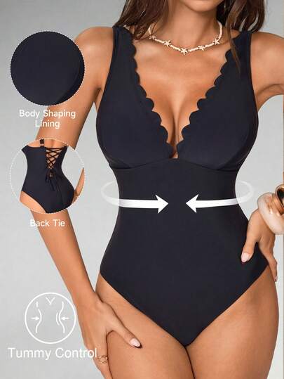 Shapewave Women's Solid Color Arched V-Neck One-Piece Swimsuit, Fashionable For Vacation