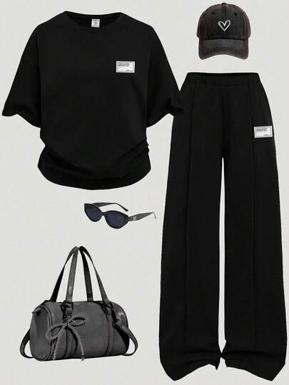 SHEIN Girlism 2pcs/Set Teen Girls' Casual Black Knit Loose Drop Shoulder Crew Neck Pullover And Jogger Pants Set, Suitable For Everyday Wear, Outdoor, Sports, Streetwear