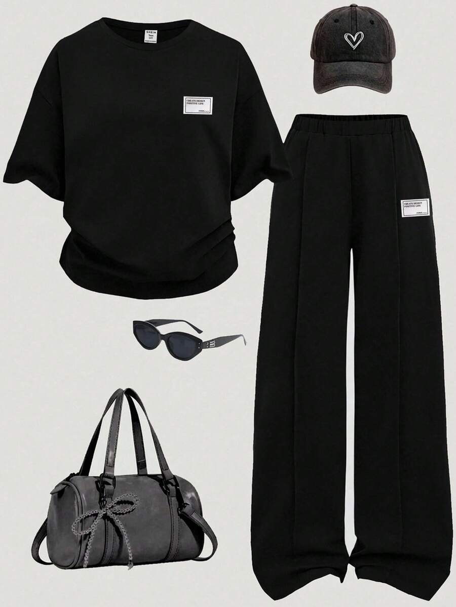 SHEIN Girlism 2件套少女休闲黑色针织宽松落肩圆领套头衫和慢跑裤套装,适合日常穿着、户外、运动、街头服饰。 - 黑色 - 查看 1