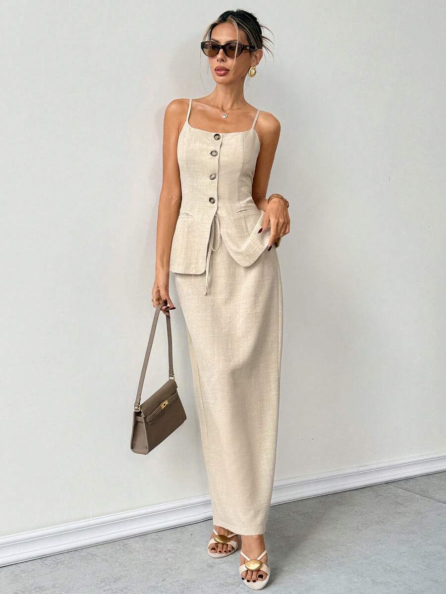 Ritzy Row 女士亚麻吊带背心和中长裙套装，修身剪裁，优雅大方，适合春夏街头风、通勤、外出和约会穿着。 - 卡其色 - 查看 1