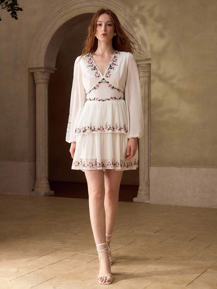 FLOWER EMBROIDERY TIERED LAYER DRESS