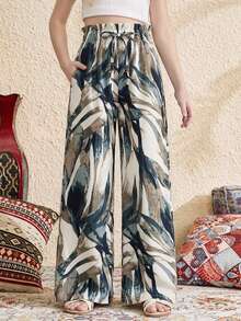 Tween Girls' Loose Casual Ruffle Hem Leaf Print High Waist Wide Leg Pants Girl Wide Leg Pant Patterned Pants Loose Pants Summer Pants Casual Loose Pants Boho Pants Palm Leaf Print Pants Flowy Pants - Khaki - View 8