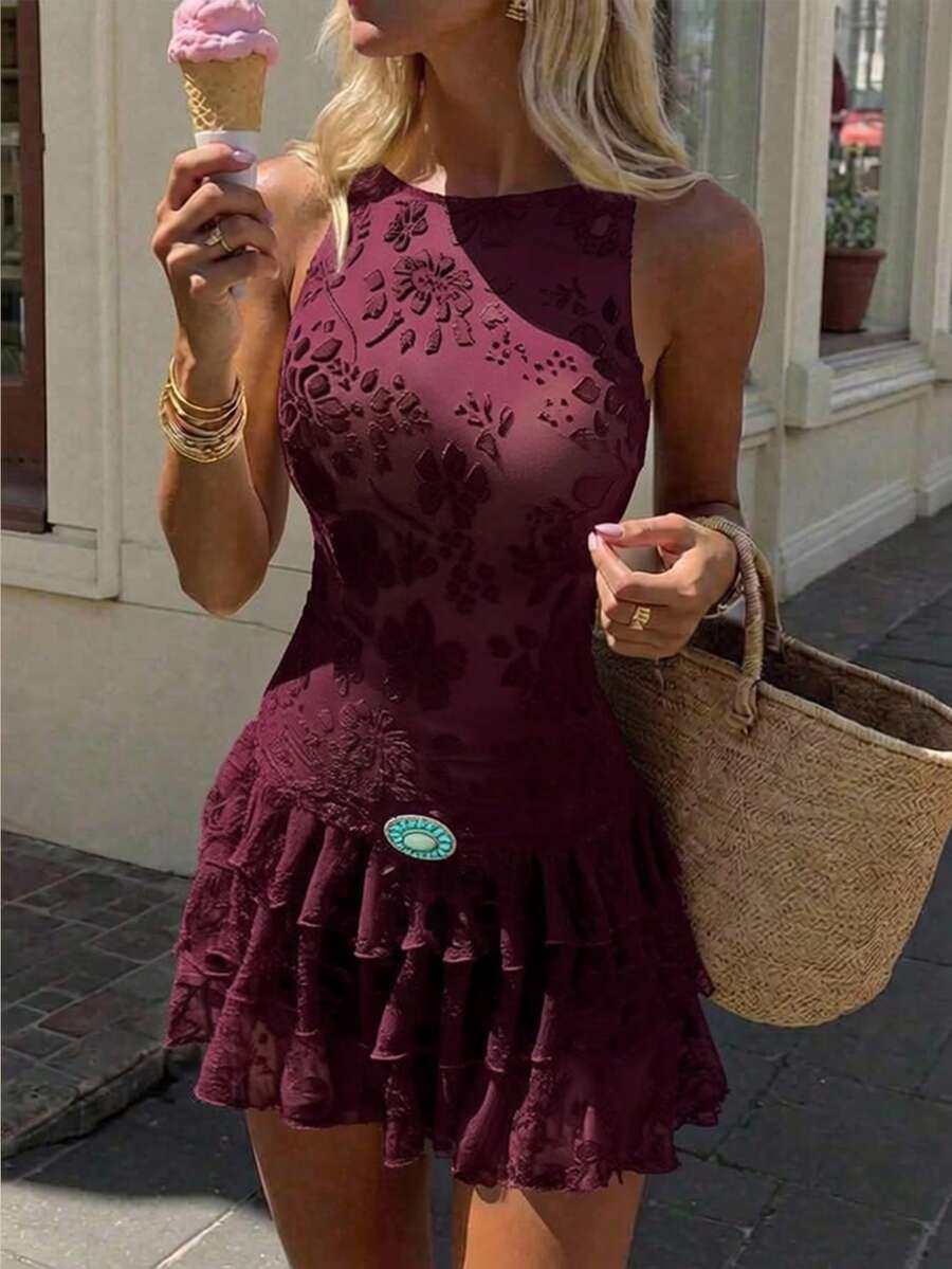 Siren Gaze 新款优雅酒红色圆领无袖复古连衣裙，女士款 - 酒紅色 - 查看 1