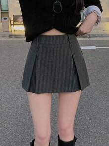 DAZY 女士条纹韩式休闲百褶裙 - 灰色 - 查看 5