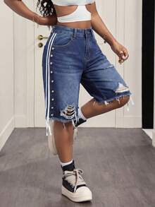 Slaydiva Women's Summer Casual Washed Distressed Denim Shorts With Beaded Decor - Blue - View 5