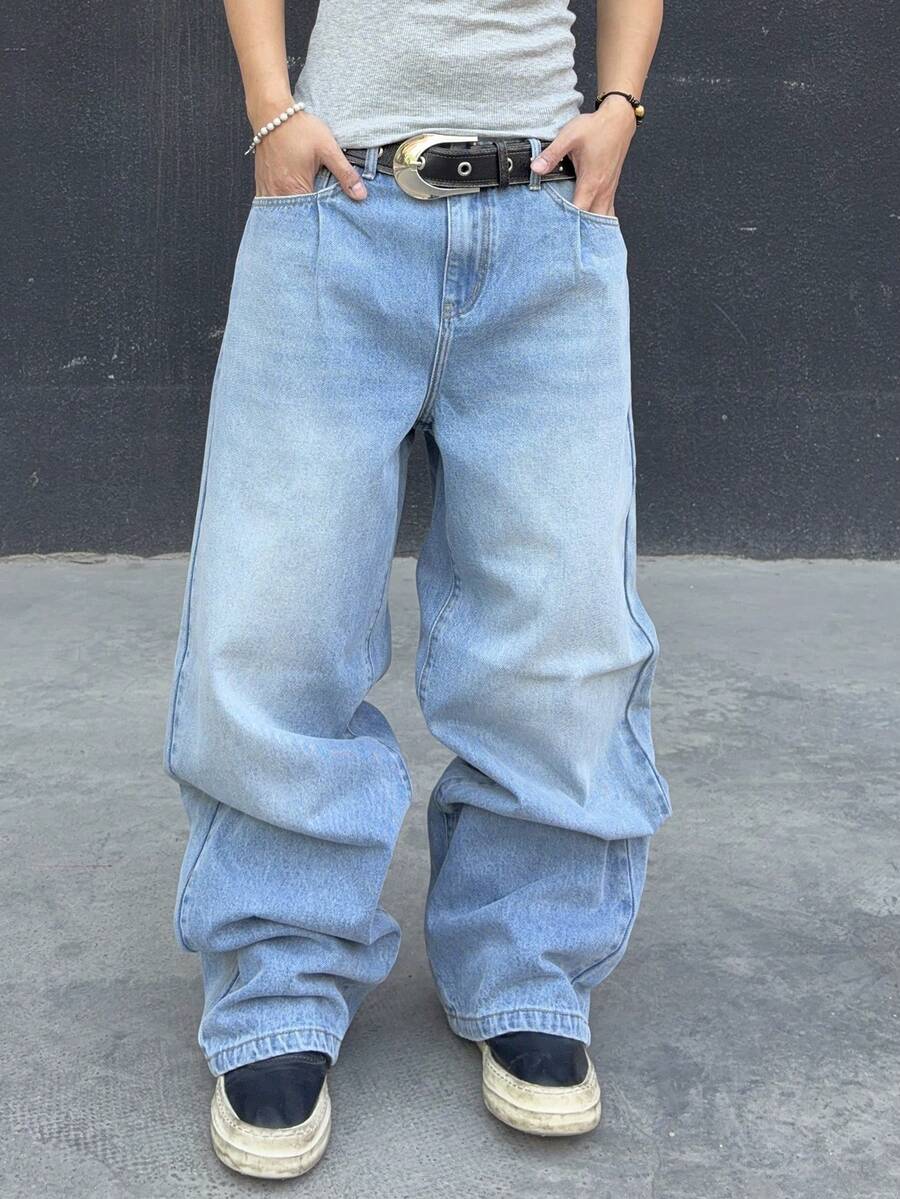 Manfinity EMRG Men's Solid Color Slant Pocket Casual Loose Wide-Leg Jeans - Light Wash - View 1