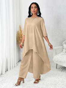 SHEIN Lady 卡其色夏季優雅派對女款兩件式套裝，不對稱長袖洋裝套裝，休閒返校度假穿搭，婚禮活動服飾套裝 - 杏色 - 查看 6