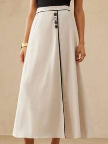 BELROSIE French Elegant & Luxurious Women's Asymmetric Hem Maxi Skirt With Contrast Color Trim And Buckle Decor - Multicolor - View 1