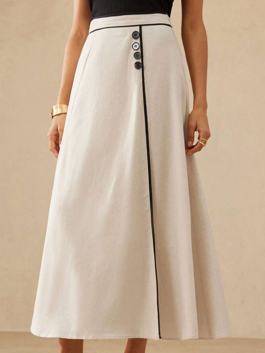 BELROSIE French Elegant & Luxurious Women's Asymmetric Hem Maxi Skirt With Contrast Color Trim And Buckle Decor - Multicolor - View 1