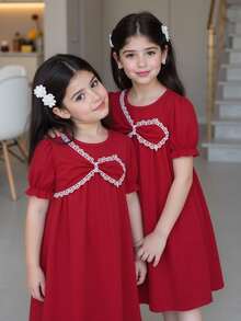 SHEIN ChillGRL Streecool Tween Girl Girls' Fashionable Versatile Cute Puff Sleeve Round Neck Doll Dress, Red One-Piece Dress, Round Neck Front Splice Design Pullover Dress, Suitable For Daily Outings, Birthday Parties - Red - View 3