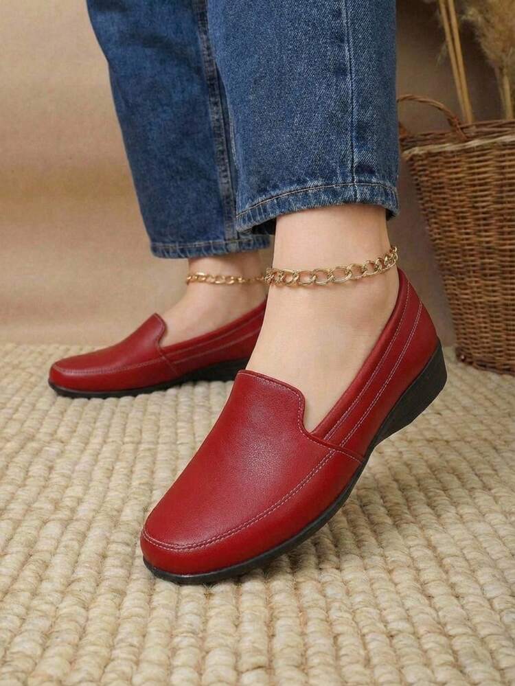 Mocasín Mujer Cómodo Costuras Destacadas Punta Redonda Sin Cordones Suela Plana Estilo Casual Oficina Diario Zapatos - Rojo - Añade 1