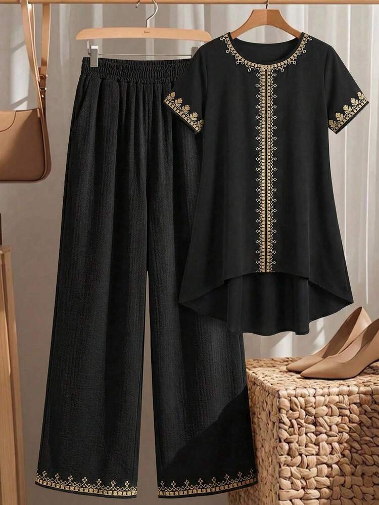 Luxury Black Lace Two-Piece Set For Women Summer Spring Outfit With Floral Lace Top And Wide Leg Pants, Perfect For Wedding Guest Party Prom