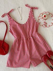 SHEIN EZwear 女士格子打结露肩休闲连体裤 - 咖啡棕 - 查看 1