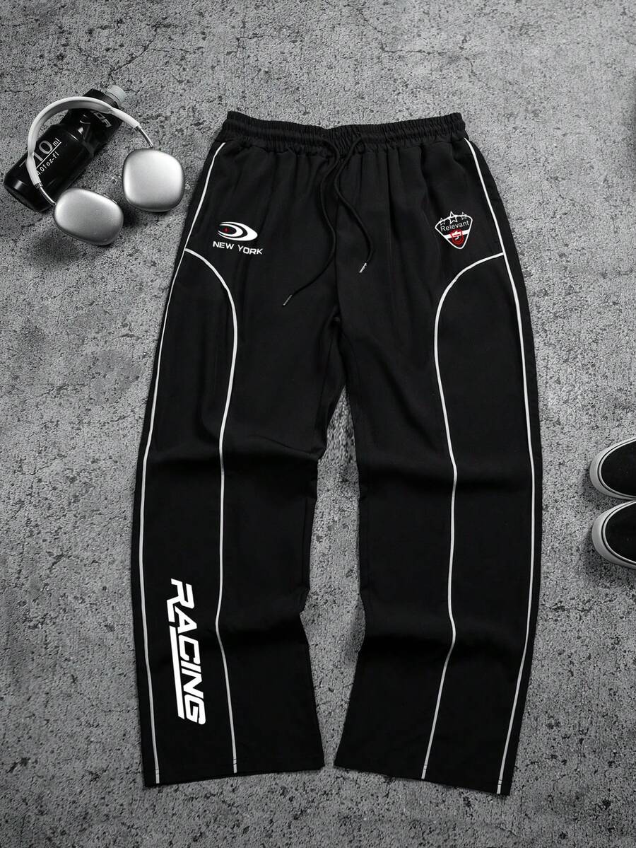 Sport MetroGents Men's Letter Print Drawstring Waist Casual Versatile Daily & Sports Pants - Black - View 1