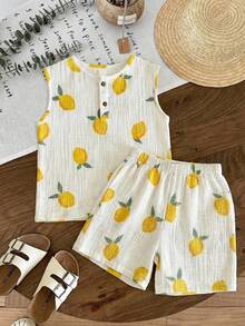 LMoss Kids 2pcs/Set Young Boy Knitted Lemon Pattern Vest & Shorts Set, Casual & Cute, Summer Two Piece Set For Kids, Two Piece Cute Set Kids - White - View 6