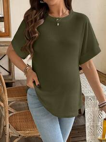 SHEIN Solid Color Round Neck Short Sleeve Casual Maternity Top - Army Green - View 5