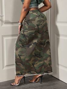 BamGleam Women's Camouflage Print High Slit Denim Cargo Skirt - Army Green - View 2