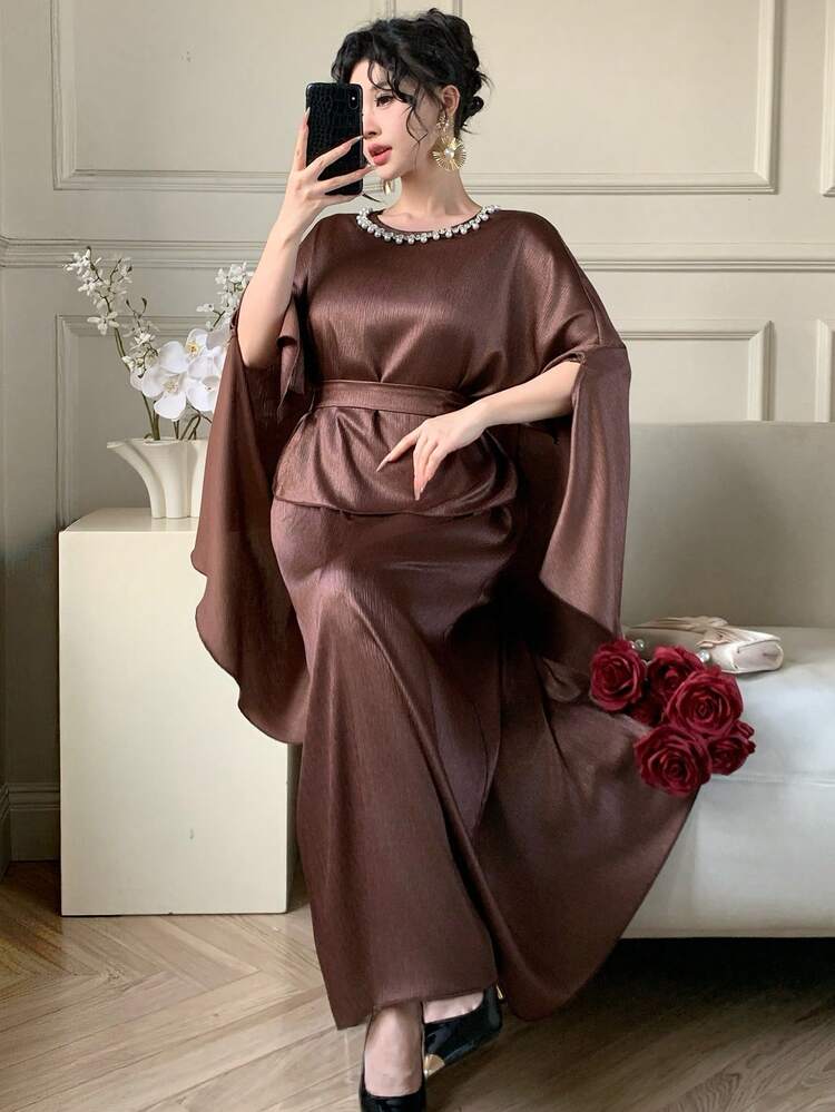 Women's Solid Color Faux Pearl Decor Cape Top And Sleeveless Dress Elegant 2-Piece Set