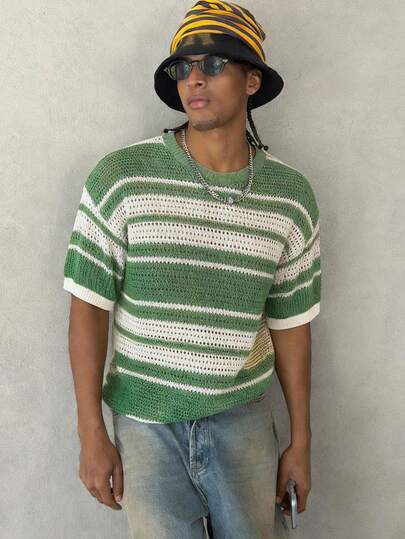 STEELVANCE Men's Hollow Out Semi-Sheer Striped Knit Short Sleeve Polo Shirt, Comfortable Breathable Lightweight Knit Top For Casual Wear, Suitable For Vacation And Valentine's Day