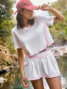 RUN HIKE 女士 V 领短袖上衣和撞色滚边迷你裙两件套 女士短袖白色短裤套装 女士两件套 女士夏季舒适两件套 女士短裤套装 女士夏季两件套连体衣 白色露脐 V 领短袖上衣和粉色缝线短裤，休闲，春季服装，夏季服装，外出服装 - 白色 - 查看 1