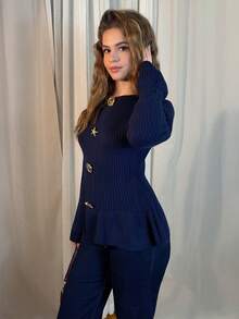 Aless PB 女士优雅金属扣袖口和荷叶边下摆设计长袖毛衣，秋冬 - 藏蓝色 - 查看 6