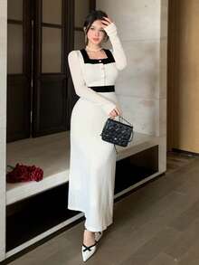 DAZY Elegant,Black And White,Office,Autumn Textured Lace Dress,Metal Buckle Decor Fitted Waist Long Sleeve Midi Dress For Women,Formal Wedding Party Wear - Beige - View 8