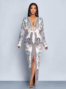 SOLERSUN Trang phục nữ cho mọi mùa: Thanh lịch và giản dị, Nền màu mơ in họa tiết xanh trắng, Vải dệt kim co giãn, Cổ chữ V sâu, Tay cánh dơi, Tay dài, Nếp xếp ở hông, Xẻ tà phía trước, Váy dài. - Màu be - Xem 5