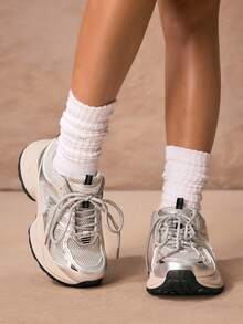 ROMWE Kawaii Women's Sneakers Silver Chunky Sneakers, 2025 Spring New Fashionable Lightweight Thick Sole Versatile Increase Height Mesh Breathable Casual Sports Shoes, - Silver Gray - View 2