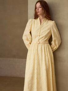 MOTF PREMIUM Đầm nữ Schiffy thanh lịch, màu trơn, có thắt lưng, thích hợp cho mùa xuân/thu. - Màu vàng - Xem 6