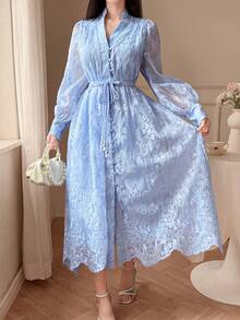 DAZY 女士优雅蕾丝花瓣袖系带中长连衣裙，春夏款 - 藍色 - 查看 5