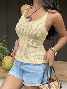Sunnyshic Women's Yellow Sequin Camisole, Shiny Knit Spaghetti Strap, Sexy & Fashionable For Summer, Spring, Lazy Vacation, Beach Wear, Lightweight & Sheer - Yellow - View 5