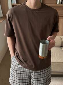DAZY 男士純色短袖T恤與復古格紋長褲休閒居家套裝，夏季睡衣 - 咖啡棕 - 查看 6