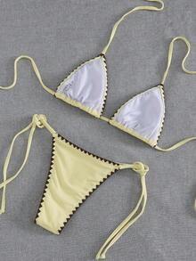 Bonvoyette 夏季度假女童纯色撞色贝壳刺绣荷叶边两件套比基尼套装 - 鵝黃色 - 查看 2