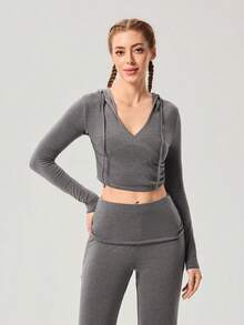 OutZeal Women Sports Hoodies Daily Casual Soft Stretch V Neck Hooded Cropped Tops - Grey - View 6