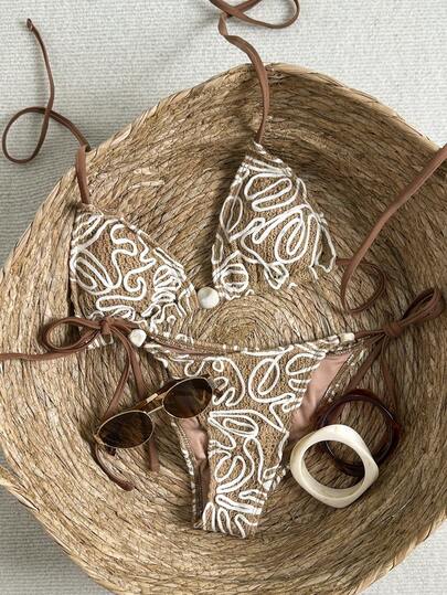 Swim Vcay قطعة سفلية من البكيني مزينة بحجر مطرز وخيط سحب، مع ربطة عنق محبوكة مفرغة