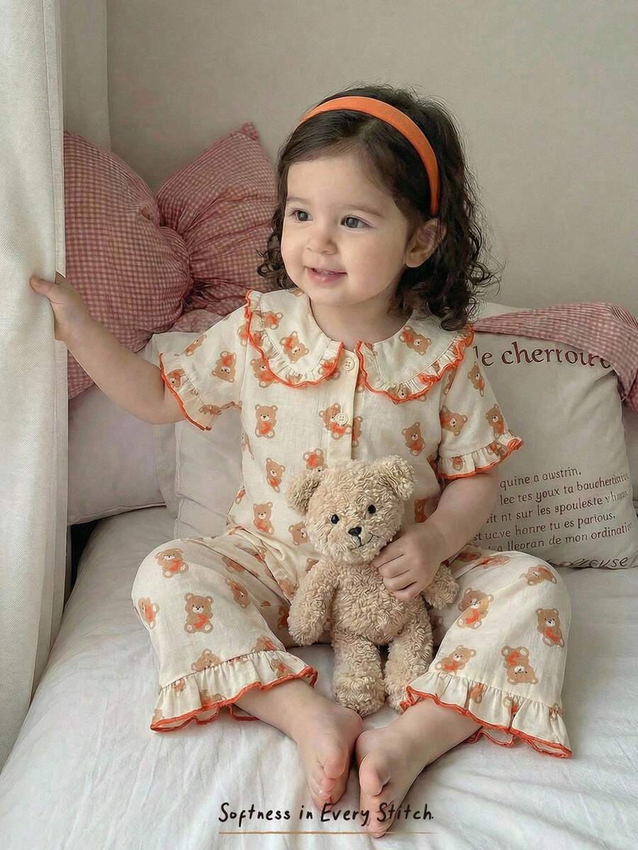 Cozy Pixies 女婴草莓图案针织软领短袖开衫和松紧腰裤两件套 - 彩色 - 查看 1