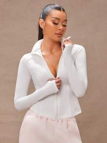 Lumalex Zip-Up Sporty Jacket, Plain Color Minimalist Casual Everyday Wear - White - View 5