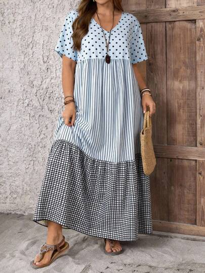 EMERY ROSE 大码女式休闲V领波点条纹印花连衣裙