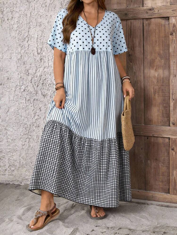 Plus Size Women Casual V-Neck Polka Dot & Striped Print Dress Polka Dot Dress Women Boho Summer Dress Women Summer Outfit For Women Beach Vacation Outfits, Summer Dresses Picnic Dress For Woman