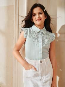 Anewsta 少女串珠装饰短袖上衣，甜美风格 - 藍色 - 查看 7