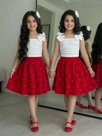 Tween Girl Spring/Summer Casual Elegant 3D Floral Decor Camisole & Ruched Beaded Skirt Set