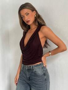 Aloruh 女士性感Y2K深V露背连帽短款上衣 - 棕色 - 查看 8