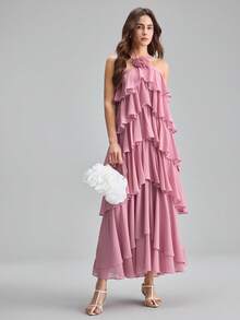 Ontre 2026春夏女士粉色3D立体花卉吊带连衣裙，现代优雅婚礼宾客装扮，简约浪漫法式奢华风，都市时尚商务休闲办公装，低调复古高端感，高品质机场/邮轮装扮，中东必备单品，百搭季节连衣裙，婚礼系列，通勤连衣裙，母亲节连衣裙，沙滩连衣裙，毕业礼服，荷叶边下摆连衣裙 - 粉色 - 查看 1