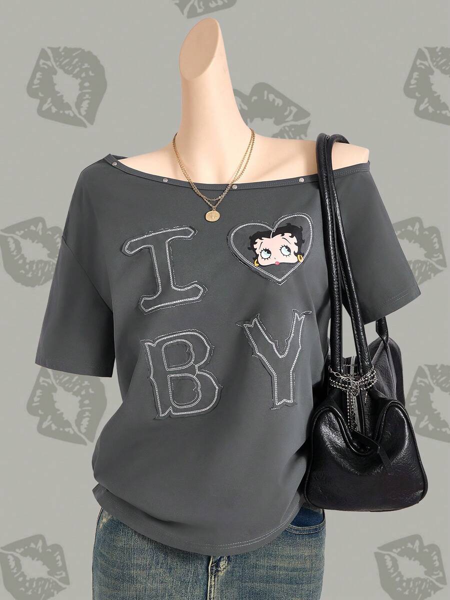 Betty Boop x SHEIN 女士休闲日常字母卡通图案短袖T恤 - 深灰色 - 查看 1