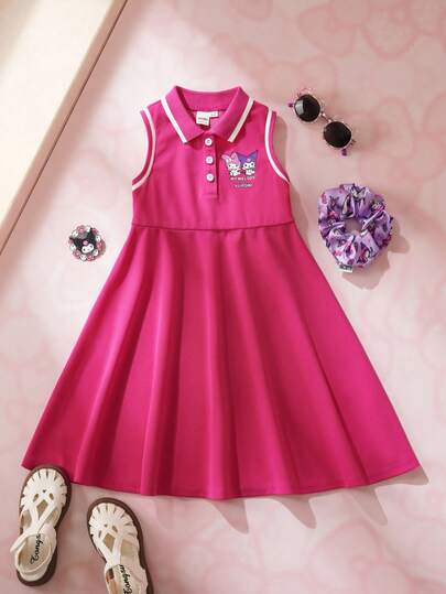 HELLO KITTY AND FRIENDS | SHEIN 女童休闲卡通图案 Polo 领无袖连衣裙，夏季