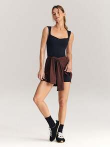 GLOWMODE 4.3" FeatherFit™ Ready, Set, Strut Buttery-Soft Sweat-Wicking Stretchy Tummy Control Sweetheart Neckline Removable Cups Bodysuit Romper Low Impact Yoga Pilates Studio Gym Workout Daily Wear - Black - View 7