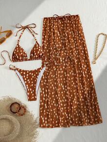 Bonvoyette Chicsea-D 女士夏季焦糖暖棕色底鹿点印花泳衣，挂脖三角罩杯设计凸显肩颈线条，系带垂褶薄纱裙摆，休闲海滩度假复古优雅泳装套装 - 彩色 - 查看 4