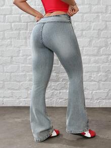 SHEIN Tall Women's Casual Versatile Bell-Bottom Jeans - Blue - View 2